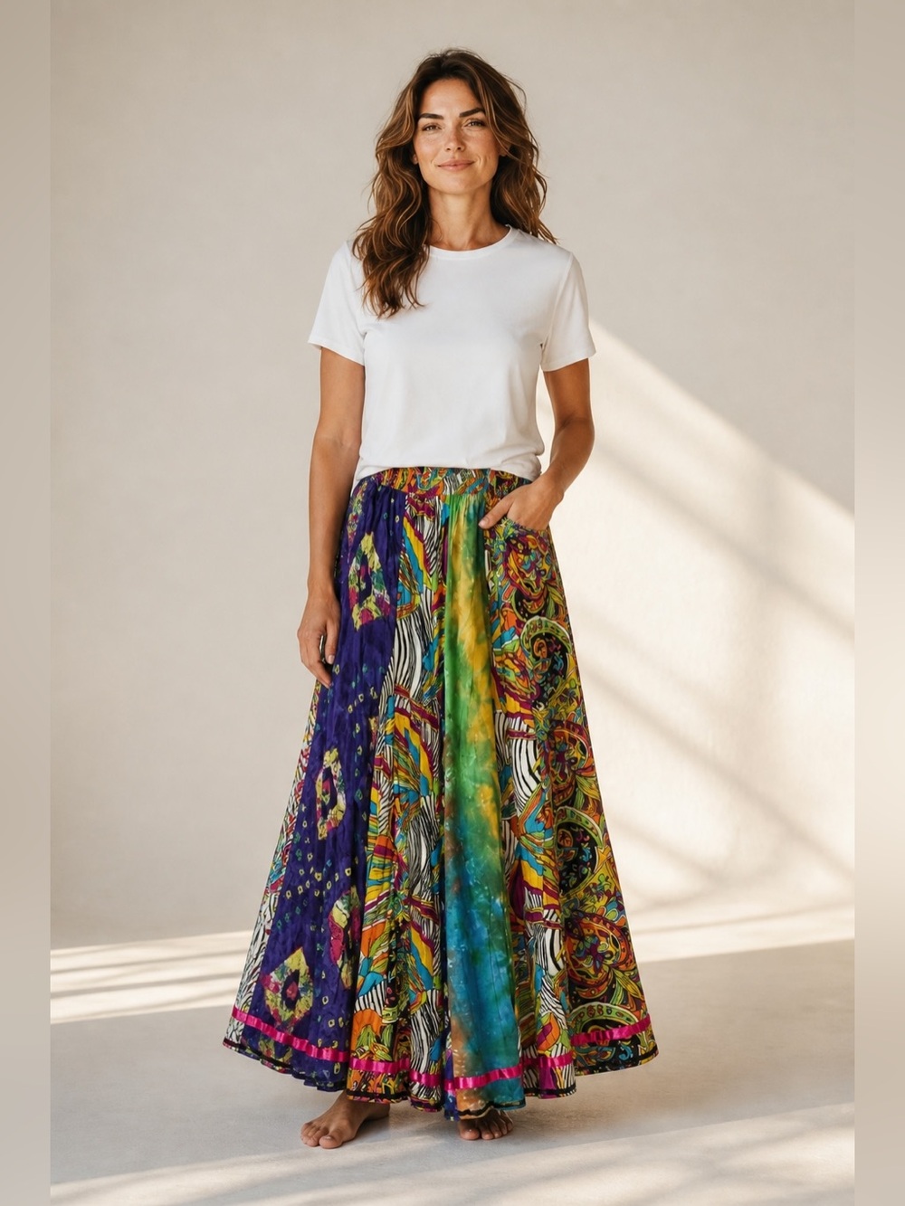 Soft Surroundings Patchwork Boho Maxi Skirt Cotton Festival Lined Petite Medium